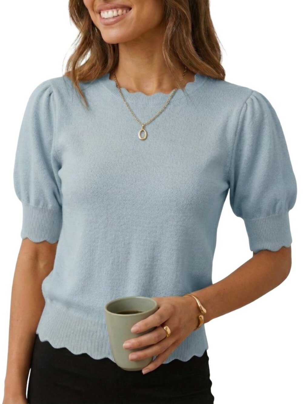 Short Sleeve Sweater for Women Pullover Knit Tops Scalloped Crewneck Puff Sleeve